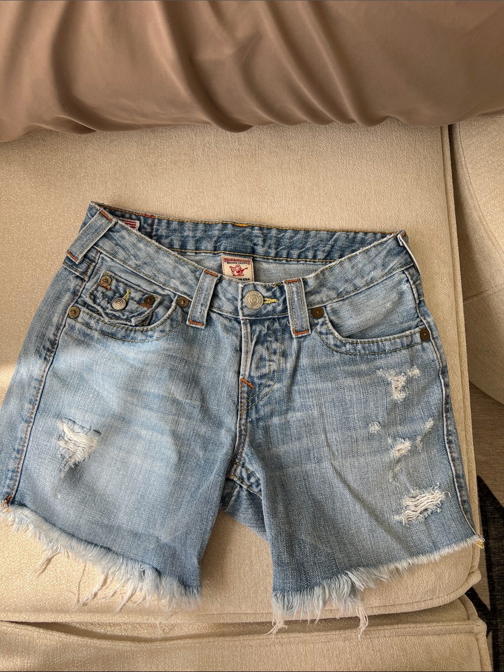 True Religion Light Blue Distressed Denim Cutoff Shorts